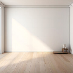 Minimal Well-Lit Interior with Plain White Wall and Wooden Flooring, Accent Light, Product Display, Presentation, Mockup