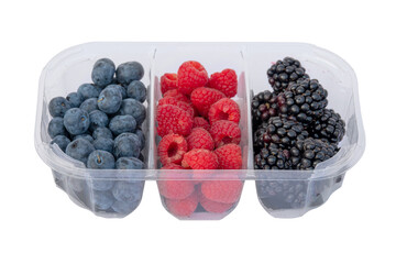 clear plastic fruit box, side view, isolated on white background