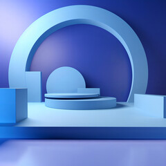 A Round Blue Podium Basked in Shadows on a Dark Blue Background and Geometric Shapes