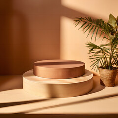 a Round Wooden Podium Perfect for Showcasing Products Against a Warm Colored Wall, mockup, product display, presentation