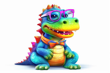 Rainbow alligator wearing glasses isolated on a white background