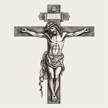 Crucifix cross with Jesus sketch hand drawn engraved style religion Vector illustration "ai genarated "