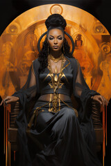 Naklejka premium A woman sitting in a chair wearing a black dress. Generative AI.