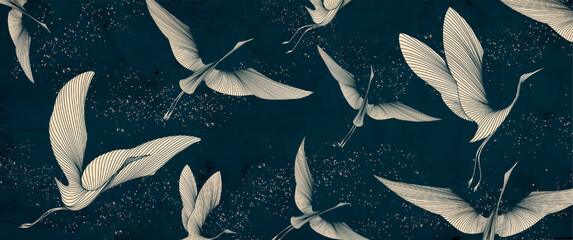 Dark art background with birds in beige color in line art style. Vector animalistic banner with hand drawn cranes for decoration, print, textile, wallpaper, packaging, interior design.