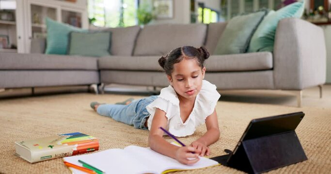 Tablet, writing and girl or child for home education, e learning and language development on living room floor. Relax, knowledge and gen z student on digital tech for virtual school, online and notes