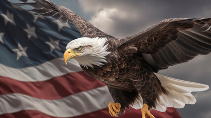 Orzeł w Locie na Tle Flagi USA: Symbolika i Dumność - obrazy, fototapety, plakaty