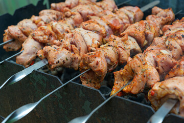 Pork skewers, roasted on skewers on the grill. Shashlik meat shish kebab on the grill. traditional outdoor barbecue picnic.