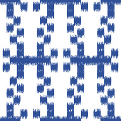 Seamless ikat pattern with blue elements on white background.