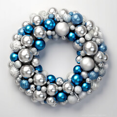 A blue and silver christmas wreath with ornaments. Generative AI. Christmas wreath clipart.