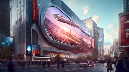 Tomorrowland where advertising reigns supreme, impressive mockup towering digital billboards in an urban landscape. Generative ai.