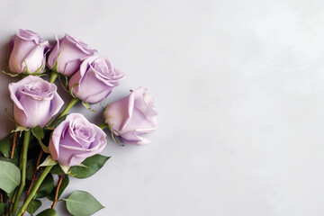 A bunch of purple roses sitting on top of a table. Generative AI.