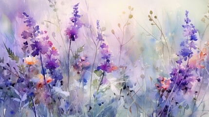 Wild flowers meadow, green field paintings. Hand paint floral in meadows. Spring background