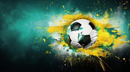Fototapeta premium Fundo abstrato sobre um tema de futebol com bola grande e outros símbolos de futebol nas cores nacionais do Brasil