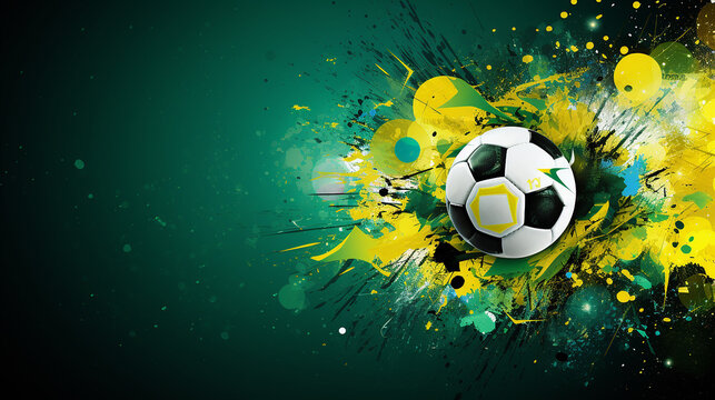 Fundo abstrato sobre um tema de futebol com bola grande e outros s&iacute;mbolos de futebol nas cores nacionais do Brasil