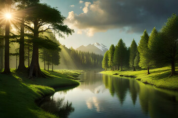 Sunrise over the river with reflection of trees. generative ai