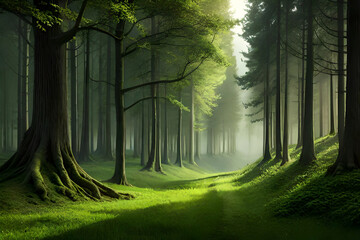 Misty forest in the morning. generative ai