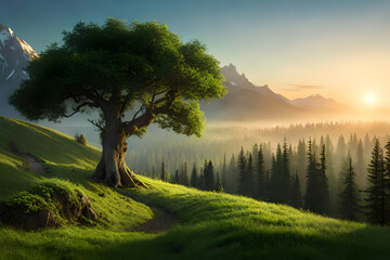 Sunset in the mountains in the forest landscape. generative ai