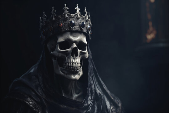 A skeleton king wearing a crown in a dark room Generative Ai