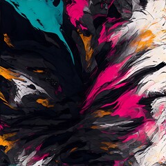 An abstract painting of black, white, pink, and blue