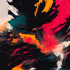 An abstract painting with red, yellow, and black colors
