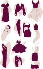 Set of women's clothing stickers in pink and burgundy