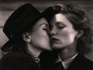 A black and white vintage couple of women that are kissing each other Generative Ai