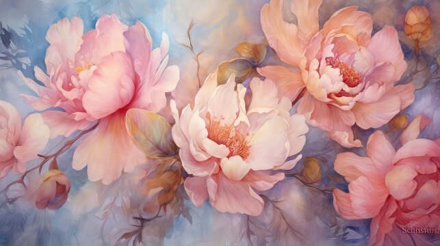 Beautiful peonies watercolor background, Seamless pattern with large watercolor flowers by peonies.