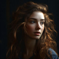 Fototapeta premium a digital illustration portrait of a beautiful girl with brown hair isolated on a black background Generative Ai