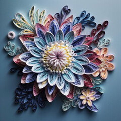 A colorful paper quilling flower on a blue background Generative Ai