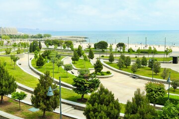 Seaside park with bright green vegetation