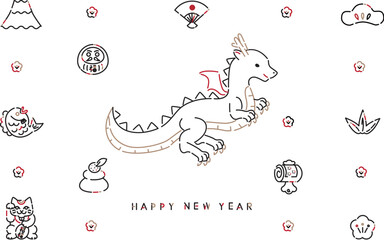 Happy New Year　2024年　横型年賀状素材　3色の線画アイコン