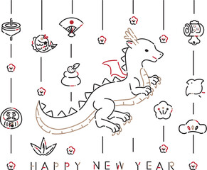 2024年賀状素材　アイコン　線画　正月飾り　縦型　Happy New Year
