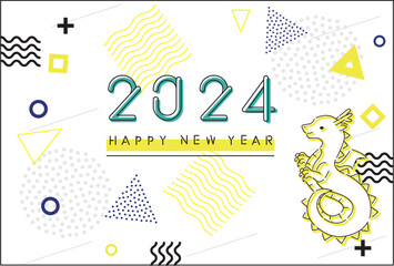 2024年賀状素材　線画アイコン　黄色と緑　背景白色　全身竜