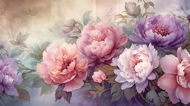 Beautiful peonies floral background in watercolor style,Watercolor flowers. Abstract bright colored decorative background.  interior design, country home, bedrooms, hall, bathroom, kitchen, books, mag