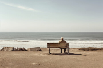 Samotny Starszy Mężczyzna Siedzący na Ławce i Patrzący w Morze: Refleksja i Spokój - obrazy, fototapety, plakaty