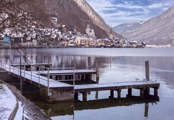Hallstatt. Scenic view of the city and the lake at sunset.
