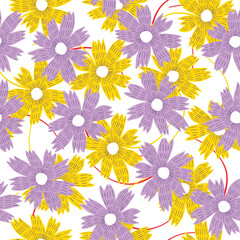 Fototapeta na wymiar Bright floral seamless pattern with yellow and violet hand drawn aster flowers on white background. Doodle botanical texture for textile, wrapping paper, surface, wallpaper