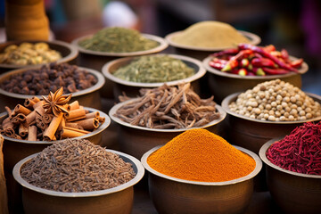 An elaborate display of Indian spices at a market, Indian culture, Indian Generative AI