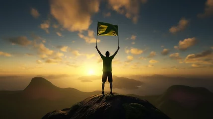 Foto op Plexiglas Silhueta bandeira do Brasil sendo acenada por um homem comemorando o sucesso no topo de uma montanha. Renderização em 3D © Alexandre