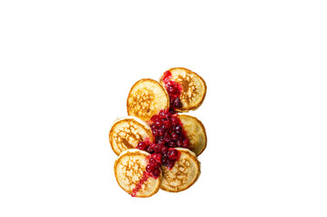 Stack of cranberry syrup pancakes on wooden board.  High quality Isolate, transparent background
