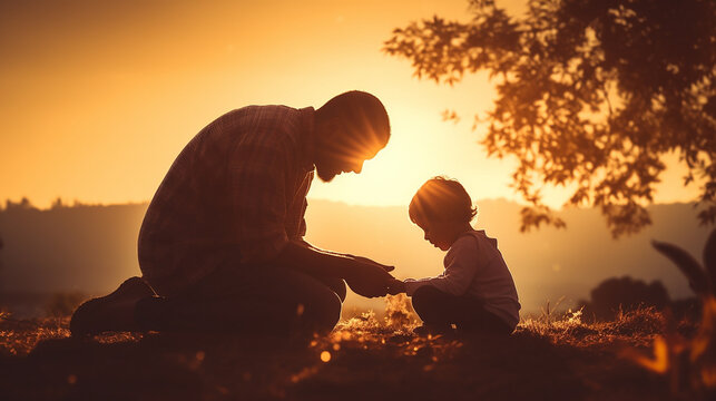 pai e filho juntos fazendo oração em lindo por do sol, amor e fé cristã