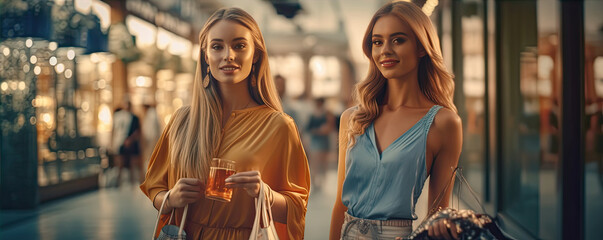 Two young beautiful woman in the shopping centre. generative ai