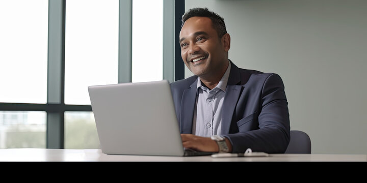 Smiling happy middle-aged BIPOC businessman executive CEO in a business suit using a computer to work with a client in an office setting -room for copy text, generative AI 