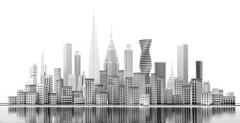 Fototapeta premium Beautiful cityscape with periodic buildings and modern skyscrapers at the background with reflection in the water. 3D rendering illustration