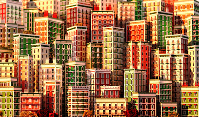 Obraz premium Beautiful cityscape with periodic buildings at sunset. Lots of colourful houses and tall buildings 3D rendering illustration