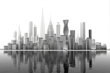 Beautiful cityscape with periodic buildings and modern skyscrapers at the background with reflection in the water. 3D rendering illustration