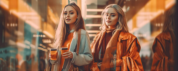 Obraz premium Two young beautiful woman in the shopping centre. generative ai
