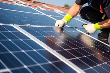 Person installing solar panels on their rooftop, harnessing clean and renewable energy for their home. Generative AI