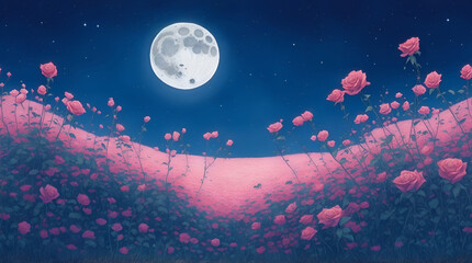 Rose field, summer moonlit night