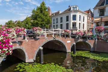 Canal bridge and canal houses in the center of the Dutch university city of Leiden.